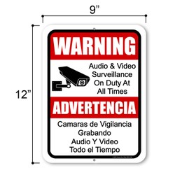 Honey Dew Gifts, Warning Audio and Video Surveillance on Duty at All Times, 9 inch by 12 inch, English Español Bilingual Signs, Security Sign Spanish, Warning Camera Sign, HDG-1524