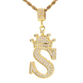 UALGL A-Z Letters Necklace Crown Necklace for Men Women 18K Gold Plated Letters Pendants with 23'' Chain Hip Hop Alphabet Name Jewelry Mom Gifts (Yellow-S)