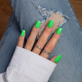 KQueenest Bright Green Press On Nails Medium Square - Summer Press On Nails Short Coffin, Sheer Grass Green Fake Nails with Glue, Glossy Opaque, Reusable Soft Gel Glue on Nails for Women, 28 Pcs