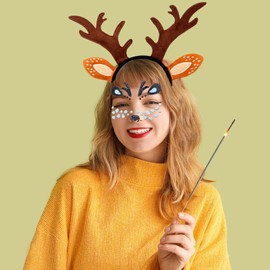Roffiy Christmas Headbands for Women,Cute Brown Reindeer Headband for Christmas with Deer Tattoo Sticker Xmas Festive Party Headband Hair Decoration