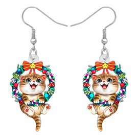 TIZURO Christmas Acrylic Fun Santa Hat Ginger Tabby Cat Earrings Cartoon Bow Kitten Pets Animals Dangle Novelty Jewellry For Women Xmas Charms Winter Gifts (Multicolor)