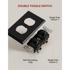 AIDA Single Pole Double Toggle Rocker Decorator Light Switch, 15 Amp Self-grounding Electrical Light Switches, Residential Grade, UL Listed (1 Pack, Glossy Black)