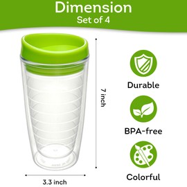 Lily's Home Set of 4 Double Wall 16oz Iced Coffee Cups with Lids - Reusable Insulated Plastic Tumblers - Multi-Color Lid - BPA Free, Handwash Only - Perfect for Cold Drinks, Indoor/Outdoor Use