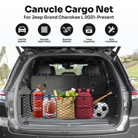 Canvcle Trunk Cargo Net for 2021-2025 Jeep Grand Cherokee L (7 Seats) Accessories Envelope Style Mesh Trunk Net Organizer and Storage Stretchable Adjustable Elastic Nylon Rear Cargo Netting with Hooks