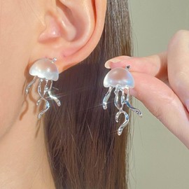 Wendalern Cute Jellyfish Stud Earrings Small Opal Jellyfish Ocean Earrings Tiny Moonstone Jellyfish Dangle Earrings Hypoallergenic Jewelry for Women and Girls