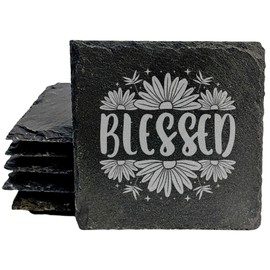 Find Your Happy Place: Floral "Blessed" Laser-Etched Slate Coasters - Square Slate - set of 8