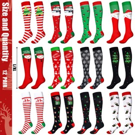 Jinei 12 Pairs Christmas Compression Socks for Women Men, Athletic Knee Christmas Socks 15-20 mmHg for Nurses Travel Pregnancy Christmas Gifts
