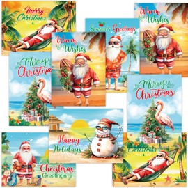 Beach Christmas Cards Tropical Merry Christmas Greeting Cards Flamingo Santa Claus Snowman Card Bulk for Kids Holiday Party Favor Supplies 24 Pcs