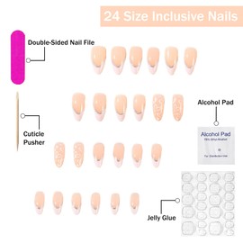 Valentines Press on Nails Medium Almond SWEKKE White French Tip Fake Nails False Nails with Designs Heart Silver Glitter Glossy Glue on Nails Acrylic Nails for Women Girls 24 Pcs