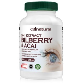 CBI Natural Bilberry 50:1 Extract 3,000 mg Equivalent with Acai Berry – Eye Health & Vision Support, 120 Vegan Capsules, 4-Month Supply, Non-GMO, Gluten Free