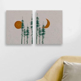 WODMIS Mid Century Watercolor Boho Sun Moon Framed Canvas Wall Art Decor 11×14 inch Set of 2, Moon Night Sunrise Forest Prints Artwork Wall Decoration for Living Room Bathroom Kitchen Office