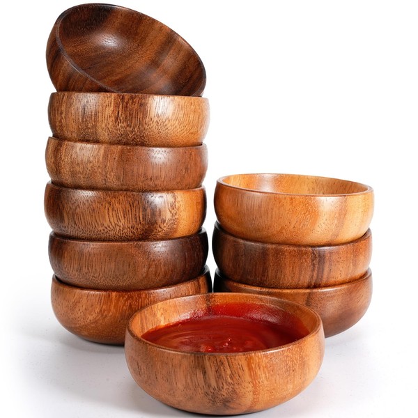 Skylety 10 Pcs Acacia Wooden Bowls Small Calabash Bowls Round Wood Salad Bowl Hand Carved Calabash Dip Tray for Serving Popcorn Pasta Candy Cereal Coconut Nuts Sauce Appetizers Kitchen (3 Inch)