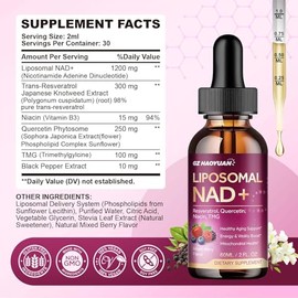 Suplemento liposomal NAD – 1200 mg NAD+ gotas líquidas para mujeres con nicotinamida, resveratrol, quercetina, TMG, extracto de pimienta negra, salud 