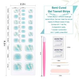 XEAOHESY 26pcs Semi Cured Gel Toe Nail Strips, Pedicure Nail Strips, Toe Nail Stickers, Needs to Be Cured, Come With Nail File, Wood Cuticle Stick, Prep Pads, Plastic Press Stick（Cyan+Moon Star）