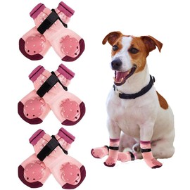 3 Pairs of Dog Socks Non-Slip with Adjustable Straps, Dog Paw Protection with Non-Slip Rubber Prevent Slipping, Pink, Size L