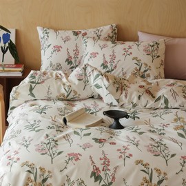 HighBuy Floral Duvet Cover Queen - 100% Cotton Bedding Sets 3 Piece,Girls Boys Cottagecore Comforter Queen,Ultra Soft Garden with Zipper Closure,4 Corner Ties,HB03637-Q,Queen(90''x90'')