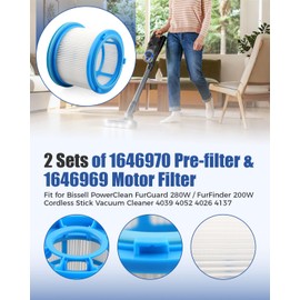 4039 4052 Filter Replacement Fit for Bissell PowerClean FurGuard 280W FurFinder 200W Cordless Stick Vacuum Cleaner 4039 4052 4026 4137, Replace 1646970 Pre-filter 1646969 Motor Filter, 2 Pack