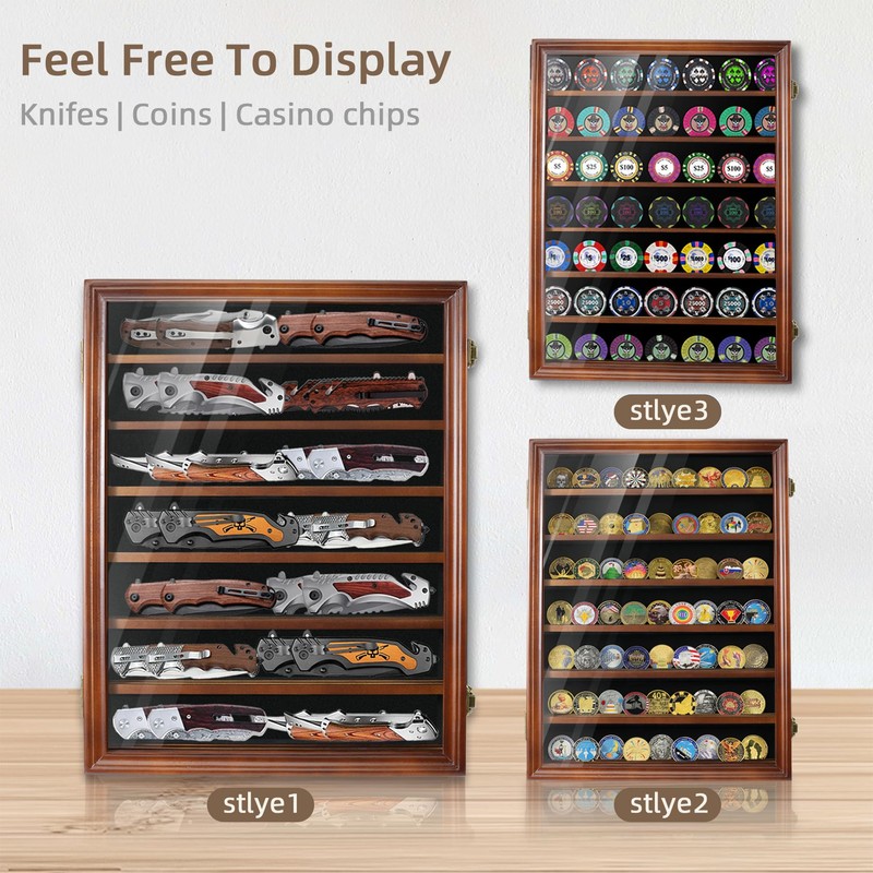 ASmileIndeep Pocket Knife Display Case 7 Rows Lockable Wooden Knife