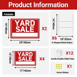 6 Pcs Yard Sale Signs with Stakes, 2-Pack Extra-Large Yard Signs 24" x 16" and 4-Pack Large Sign 17" x 12", Double-Sided Waterproof Business Signage for Yard Sale Kit and Supplies