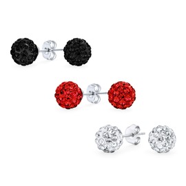 Set Of 3 Clear Red Black .925 Sterling Silver Round 8MM Glittering Pave Crystal Disco Ball Red Stud Earrings for Women Teens