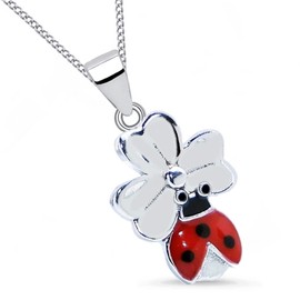 Goldene Hufeisen Clover Leaf with Ladybird Pendant Necklace Girls Lucky Charm 38 cm Children's Chain Silver 925, Sterling Silver Sterling silver enamel, No Gemstone