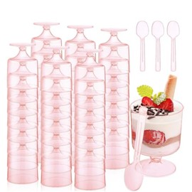 Mistari 50 Pack Clear Plastic Dessert Cups with Spoons, Mini Parfait Cups Pudding Cups for Cheesecake Yogurt Jello Mousse Snacks Fruit Trifle (Pink High Footed Cups)