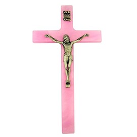 Religious Gifts Pearlized Latin Cross Cruxifix with Pewter Christ Corpus, 7 Inch (Pink)