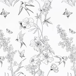 Amiya Black and White Floral Wallpaper Peel and Stick Modern Removable Birds Contact Paper Bedroom 17.3” X 480” Vinyl Self Adhesive Sketch Wall Paper for Cabinets Shelf Liner Living Room Decoration