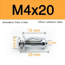 Pack of 20 Mounting Set, Cavity Fixing M4 x 20, Cavity Metal Anchor, Cavity Dowel Set with Mounting Pliers, Robust Cavity Wall Anchors for Thin Walls, Hollow Doors, Iron Sheet