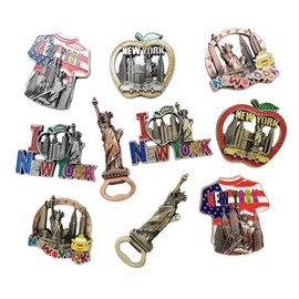 10 Pack Multicolor Bundle NYC Metal Refrigerator Fridge Magnets New York Souvenir Empire State Building, Skylines, Statue of Liberty, Big Apple, USA Flag, Fridge Magnet Bottle Opener (Color May Vary)