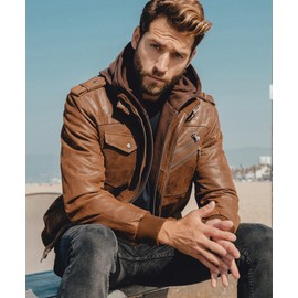 FLAVOR Men Brown Leather Motorcycle Jacket with Removable Hood (XX-Large (US standard), Brown)