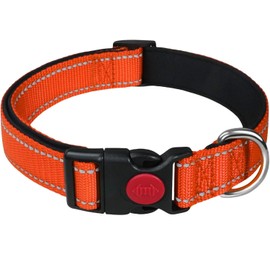 LARRYROO Reflective Dog Nylon Collar | Slide Lock Safety Buckle | Fully Adjustable | Soft Neoprene Padding (Orange, Extra Small (20cm - 30cm Neck))
