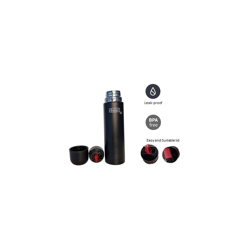 Benol Thermos Flask 500 ml, Black, Insulated Bottle with Drinking