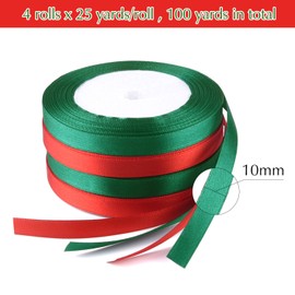 FEPITO Pack of 4 10 mm Red Green Satin Ribbon Christmas Ribbon for Gift Wrapping Ribbon Christmas Ribbons for Crafts (2 Red 2 Green)