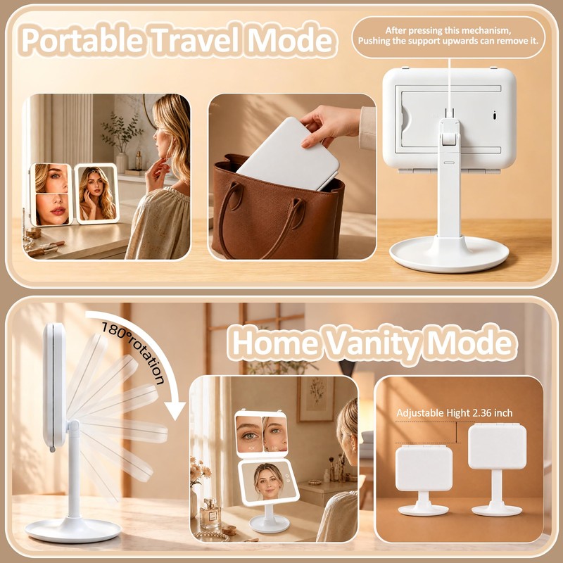 Rechargeable Travel Makeup Mirror with Light,10X 40X Magnification
