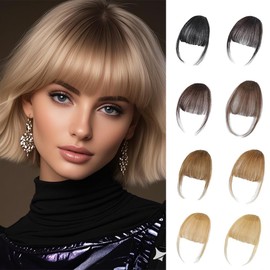 Clip-in Fringe, Wispy Fringe with Temple Hairpieces, Bangs Hair Extensions, Hairpiece Clip, Pony Extension for Everyday Women (Airy Fringe Champagne Gold)