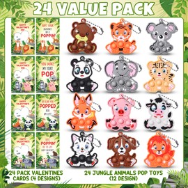 Qinline 24 Pack Valentines Day Gifts for Kids - Woodland Animal Pop Fidget Toy with Gift Cards for Kids Boys Girls, Bulk Kids Valentines Party Favors School Classroom Prizes Exchange Goodie Bags Gift