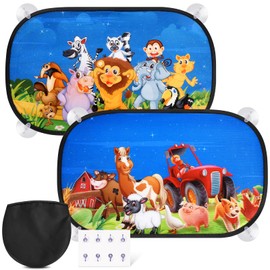 Pack of 2 Sun Protection Car Baby with UV Protection, 51 x 31 cm Car Window Sun Protection Children, 8 Suction Cups, Cute Animal Pattern and Farm Theme