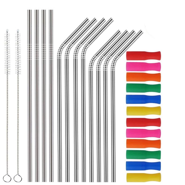 Stainless Steel Metal Straws Reusable Drinking Straws with Food Grade Silicone Straw Tips and Cleaning Brushes - for 20/30 Oz for Yeti RTIC SIC Ozark Trail Tumblers Tumblers Yeti (4 straight+ 8 bent)