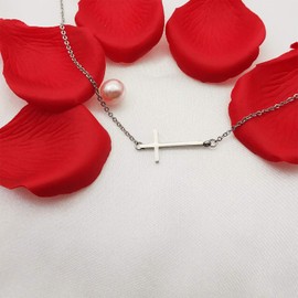 Ovian Sideways Cross Necklace for Women 18K Gold Plated Stainless Steel Christian Religious Cross Choker Necklace (02 Sideways Silver)