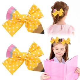 Back to School Bow Hair Clips for Girls, 4.9" Yellow Pencil Hair Bows Clips School Cheer Bow Hair Accessories Gifts for Toddler Kids First Day of School Kindergarten 1st 2nd 3rd 4th 5th Grade, 2PCS