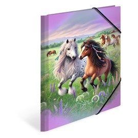 HERMA Portfolio Folder A4 Horse World, Cardboard Corner Folder with Nursery Motif, Elastic Band, Inner Flaps and Inner Print for Boys, Girls and Children