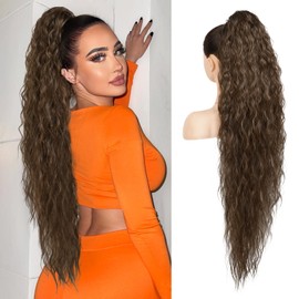 LONAI Ponytail Extension, 34" Long Wavy Drawstring Ponytail Extensions, DP001 Softer Lighter 80% Japanese Import Synthetic Clip in Hair Extensions Natural Looking Hairpiece for Women-Mocha Brown