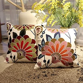 KITTMIN Boho Pillow Covers, Decorative Pillowcase, Square Embroidery Throw Pillows Cushion Set for Sofa Couch Bed Bench Living Room, Modern Plant Floral Pattern, 18 x18 inch (Flower red and Pink)