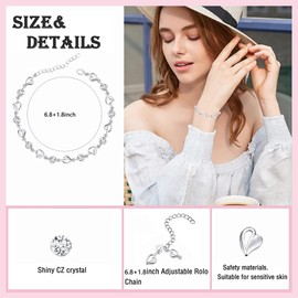 TBUQNZA Silver Women's Love Heart Love Heart Shiny Crystal Diamond Adjustable Bracelets for Women and Girls