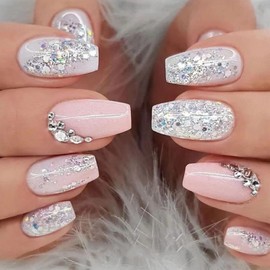 Press on Nails Short Coffin Fake Nails Press ons with Silver Glitter Rhinestones Designs White & Pink Full Cover Glue on Nails Acryilc False Nails Glossy Stick on Nails for Women 24 Pcs