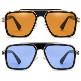 Freckles Mark Trendy Retro Sunglasses for Men Women Stark Vintage Shades 70s Italian Fashion Square Metal Glasses (Yellow+Blue, Millimeters, 56)