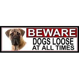 SHAWPRINT Bull Mastiff BEWARE DOGS LOOSE AT ALL TIMES METAL GATE SIGN 266mm x 87mm. (381H2)