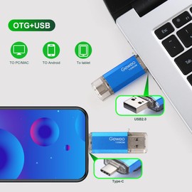 USB Stick 128 GB, 2 in 1 OTG Memory Stick 128 GB USB 2.0 Pen Drive Memory Stick Type C USB Stick 128 GB for Smartphones, Computer, Laptop, etc. (Blue)