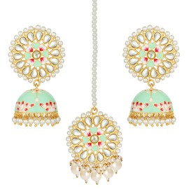 Aheli Handcrafted Traditional Wedding Wear Faux Kundan Studded Floral Enamel Jhumka Jhumki Earrings with Maang Tikka Indian Ethnic Fashion Jewelry Gift for Women Mint